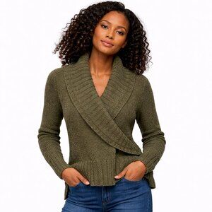 LOFT Women’s Olive Green Wool Blend Shawl Collar Sweater | Cozy Knit Pullover |